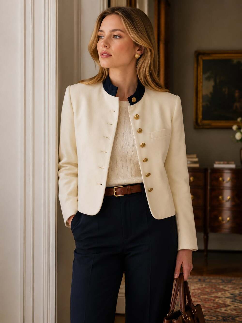 Lauren Ralph Lauren Vintage Cream Wool Jacket 10 Gold Button Black Collar USA